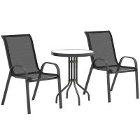 Outsunny 3 Pieces Bistro Set, Small Patio Furniture Set with Stackable Mesh Chairs, Glass Table for Garden, Balcony, Black(m-11)