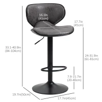 HOMCOM Adjustable Bar Stools Set of 2, Swivel Counter Height Barstools, Leathaire Upholstered Kitchen Island Stools with Back, Footrest and Steel Base, Dark Grey(m-3)