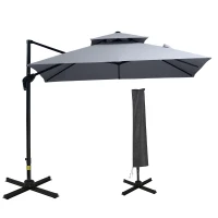 Outsunny 10ft Offset Patio Umbrella with Base, Double Top Hanging Aluminum Cantilever Umbrella with 360-degree Rotation, Easy Tilt, 8 Ribs, Crank, Cross Base, Cover, Strap, Dark Gray(m-11)