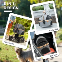 PawHut 3 in 1 Dog Stroller with Detachable Cabin, 4 Wheel Folding Lightweight Pet Stroller for Small Dogs, Gray(m-4)