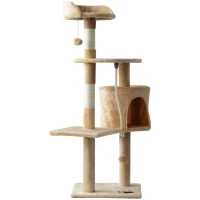 PawHut 45" Plush Sturdy Interactive Cat Condo Tower Scratching Post Activity Tree House - Beige/ White(m-5)