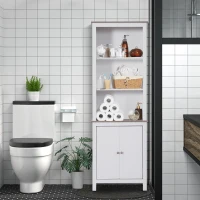 HOMCOM 69" Tall Bathroom Storage Cabinet, Bookcase with 3 Open Compartments and Double Door Cupboard, White(m-1)