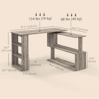 HOMCOM 360° Rotating L Shaped Desk, Corner Computer Desk with Storage Shelves for Home Office, Grey(m-3)