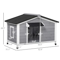 PawHut Wooden Cabin Style Outdoor Dog House with Openable Roof, Removable Bottom, Windows, Curtain, Foot Covers, Gray(m-3)