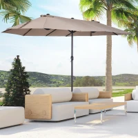 Outsunny 15'x 8.7' Outdoor Patio Umbrella with Twin Canopy Backyard Umbrella with Lift Crank Tan(m-8)