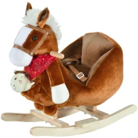Qaba Baby Rocking Horse, Plush Animal Rocker for Toddlers Aged 18-36 Months, Stuffed Ride Toy with Hand Puppet, Sounds, Seat Belt, Brown(m-11)