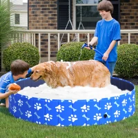 PawHut Folding Dog Pool Portable Pet Kiddie Swimming Pool, Outdoor/Indoor Puppy Bath Tub with Nonslip Bottom for Dogs & Cats,  (Φ63", Blue)(m-8)