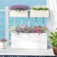 Outsunny 2 Pack 20 Inch Railing Flower Pots, Hanging Flower Pots with Hooks, Drainage Holes for Fence, Rattan Look, White(m-2)