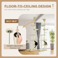 PawHut Floor to Ceiling Cat Tree, Cat Climbing Tower with Platforms, Bed, Hammock, Scratching Posts, Toy Balls, Beige(m-5)