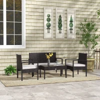 Outsunny 4 Pieces Patio Furniture Set with Loveseat Sofa, Armchairs, Glass Table, Outdoor Wicker Conversation Sofa Set, White(m-8)