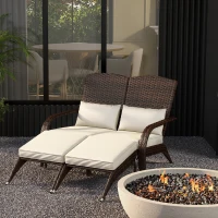 Outsunny 2 Person Patio Wicker Adirondack Chair, High-Back Fire Pit Chair with Cushions, Cream White(m-10)
