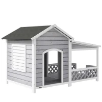 PawHut Wooden Dog House Outdoor with Porch, Cabin Style Raised Dog Shelter with Asphalt Roof, Doors, and Shutter Window, for Medium Large Sized Dog, Light Gray(m-1)