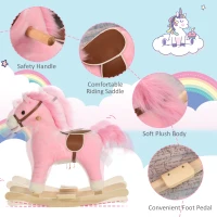Qaba Rocking Horse Plush Animal on Wooden Rockers, Baby Rocking Chair with Sounds, Moving Mouth, Wagging Tail, Pink(m-7)