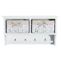 HomCom Rustic Country Floating Storage Shelf With Coat Hooks And 2 Removable Baskets - White(m-4)