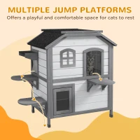 PawHut 2-story Cat House Outdoor, Weatherproof Wooden Cat Enclosure for Feral Cats with Escape Door, Openable Roof, Jumping Platforms, White(m-7)