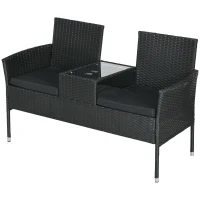 Outsunny Patio Furniture w/ Mid-Table PE Rattan Loveseat w/ Cushion, Black(m-2)