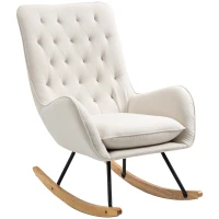 HOMCOM Mid-Century Fabric Rocking Chair Sofa Armchair Tufted Rocker Wingback Accent Chair with Padded Seat, Rubber Wood Base for Home Studio, Bedroom, Living Room, Cream White(m-11)