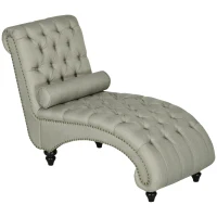HOMCOM Button Tufted Chaise Lounge Chair Indoor Upholstered Lounge Chair with Bolster Pillow Wood Legs Nailhead Trim for Living Room Bedroom Home Office Beige(m-11)