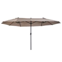 Outsunny 15'x 8.7' Outdoor Patio Umbrella with Twin Canopy Backyard Umbrella with Lift Crank Tan(m-2)