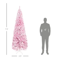 HOMCOM 7.5ft Tall Unlit Snow Flocked Artificial Christmas Tree Slim Pencil Xmas Tree with Pine Shape and Realistic Branches, Pink(m-3)