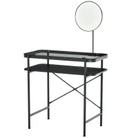 HOMCOM Modern Glasstop Vanity Table with Mirror,  Makeup Dressing Table with Rotating Round Mirror, Shelves for Perfumes, Cosmetics, Lotions, Black(m-11)