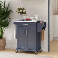 HOMCOM Kitchen Island with Wheels, Rolling Kitchen Island with Storage, Stainless Steel Countertop for Dining Room, Deep Blue(m-10)