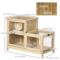 PawHut Wooden Hamster Cage, Mice Rodent Small Animals Kit Hutch, 2 Tiers Exercise Play House, with Sliding Tray, Ladder, Seesaw, Running Wheel, Openable Roofs, 31" x 16" x 23.5", Natural Wood(m-3)