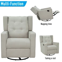 HOMCOM Wingback Recliner Chair Manual Rocking Sofa 360° Swivel Glider with Button Tufted, Padded Seat, Single Home Theater Seating for Living Room Bedroom, Beige(m-3)