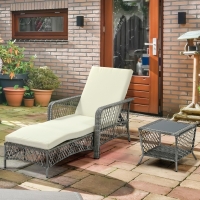 Outsunny 2 Pieces Wicker Patio Lounge Set w/ Cushions, Outdoor PE Rattan Sun Lounger Sets w/ 5-Level Reclining Chaise Chair & Two-tier Glass Top Coffee Table, Cream White