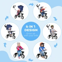 Qaba 6 in 1 Toddler Tricycle with Parent Push Handle, Canopy, Storage Baskets, Cupholder, Dark Blue(m-4)