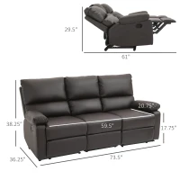 HOMCOM Modern 3 Seater Sofa with 2 Recliners, Manual Side Handle, Retracting Footrest, and PU Leather Fabric, Brown(m-3)