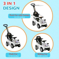 Qaba 3 in 1 Push Car Sliding Car with Removable Handle, Music, Horn, Canopy, Safety Guardrail, White(m-4)