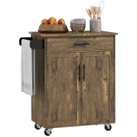 HOMCOM Kitchen Island Cart, Rolling Island Table with Solid Wood Top, Trolley Cart with Drawer, Storage Cabinet & Towel Rack, Rustic Brown