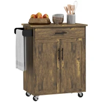 HOMCOM Kitchen Island Cart, Rolling Island Table with Solid Wood Top, Trolley Cart with Drawer, Storage Cabinet & Towel Rack, Rustic Brown(m-1)