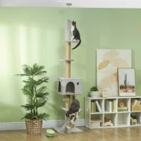PawHut 89"-100" Floor to Ceiling Cat Tree w/ Scratching Post, Cat House, 3-Steps, Hanging Ball, Perches, Light Grey(m-1)