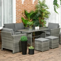 Outsunny Patio Dining Set, PE Rattan Furniture w/ 2 Chairs, Cushions & 3-Seat Sofa, Woodgrain Slatted Dinner Table, Mixed Gray(m-10)