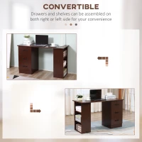 HOMCOM Computer Desk, 47" Writing Table with 3-Tier Shelves and 3 Reversible Drawers for Home Office, Bedroom, Walnut(m-6)