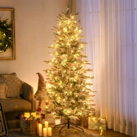 HOMCOM 6' Pre Lit Artificial Flocked Christmas Trees, with Snow Branches, Warm Yellow Clear Lights, Auto Open, Extra Bulb(m-10)