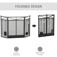 HOMCOM 3-Panel Folding Fireplace Screen with 2 Magnetic Doors and Fire Place Tools Set, Fire Spark Guard for Wood Burning, with Brush, Shovel, Poker, Firewood Tongs, 48" x 0.75", Black(m-5)