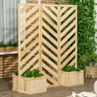Outsunny Decorative Outdoor Privacy Screen, Freestanding Divider/Separator with 4 Self-Draining Planters, 3 Trellis Plant Support Panels for Garden Walkway, Backyard, Natural Wood(m-10)