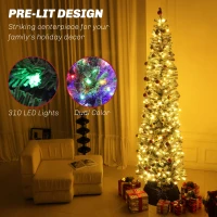 HOMCOM 9ft Prelit Pencil Artificial Christmas Tree, Flocked Xmas Tree with Remote, Dual Colour LEDs, 895 Tips, Metal Stand(m-4)
