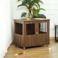 PawHut Dog Crate Furniture, Wooden End Table Furniture with Lockable Magnetic Doors, Small & Medium Size Pet Kennel Indoor Animal Cage, Brown(m-10)