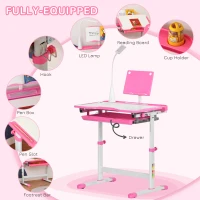 Qaba Kids Desk and Chair Set Height Adjustable Student Writing Desk Children School Study Table with Tilt Desktop, LED Lamp, Pen Box, Drawer, Reading Board, Cup Holder, Pink(m-5)