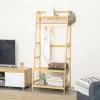 HOMCOM Bamboo Garment Rack, Freestanding Wooden Clothing Rack with 3 Tier Storage Shelves, Hooks and Hanging Rail for Entryway, Bedroom and Office, Natural(m-8)