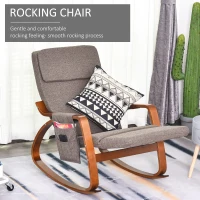 HOMCOM Rocking Chair with Adjustable Footrest, Padded Cushion, Removable Side Pocket & Soft Pillow for Living Room, Bedroom, Natural Wood frame Linen Touch, Brown(m-4)