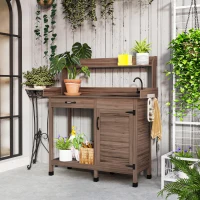 Outsunny Potting Bench Table with Sink, Outdoor Work Bench Table with Storage Cabinet, Hooks, Removable Sink, Faucet and Drawer for Greenhouse, Garden, Patio, Dark Brown(m-10)