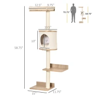 PawHut 4-Level Wall-Mounted Cat Tree Activity Tower, Wall Cat Shelves with Sisal Rope Scratching Posts, Cat Condo and Bed, Light Brown(m-3)