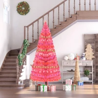 HOMCOM 6ft Tall Fir Artificial Christmas Tree with Realistic Branches, 230 Multi-Color Fiber Optic LED Lights and 230 Tips, Pink(m-2)