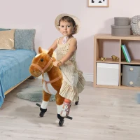 Qaba Kids Rocking Horse, Large Walking  Ride on Toy  for Toddlers 3 year old, Baby Plush Animal Rocker with Sound and Wheel, Brown(m-8)