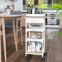 HOMCOM Bar Cart, 4-Tier Kitchen Cart with Removable Serving Tray, Kitchen Shelves on Wheels with Drawer for Dining Room, Living Room, White(m-7)